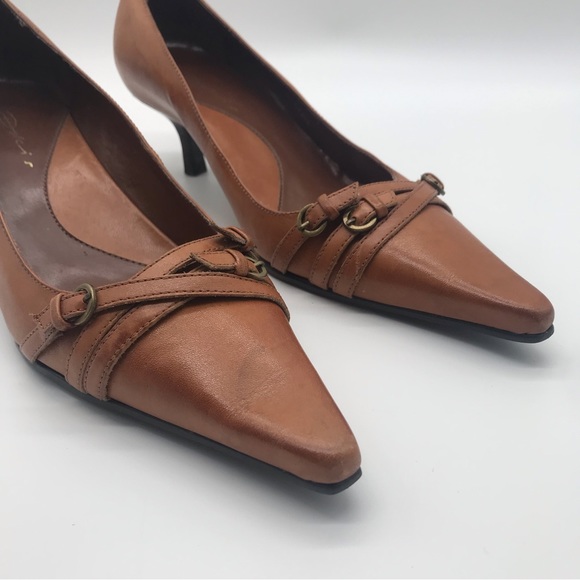 Dolci Pointed Brown Toe Leather Buckle Strap Stiletto Pump Kitten Heel Shoe Sz 4 - Picture 6 of 14